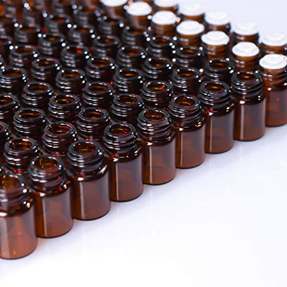100 Pack 2ml (5/8 Dram) Amber Mini Glass Essential Oils Sample Bottles with Black Caps for Essential Oils, Perfumes & Lab Chemicals (30ml Measuring Cup and 5 Droppers Included)
