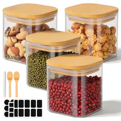 Square Glass Jars with Bamboo Lids, 12 Fl.oz Glass Storage Jars with Airtight Lids Set of 4, Clear Pantry Canister for Spice, Sugar, Coffee Bean, Tea, Oats - Included Labels, Marker and Spoon - color: 4 Pack, size: 12 fl.oz