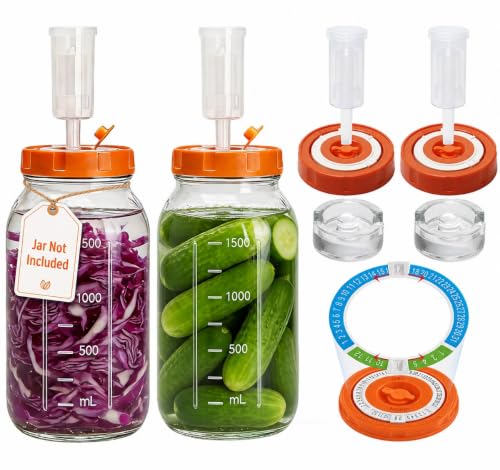 Fermentation Kit for Wide Mouth Mason Fermenting Jar, 2 Glass Weights,2 Lids with Date Marker,2 Airlocks (No Jars) Complete Pickling Sauerkraut Kit - color: Orange