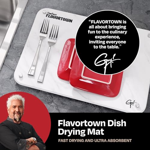Guy Fieri’s Flavortown Stone Dish Drying Mat 16"x12" with Anti-Slip Stainless Steel Feet, Kitchen Counter Mat, Durable Stone Drying Rack for Dishes and Glassware, White Marble - color: White Marble