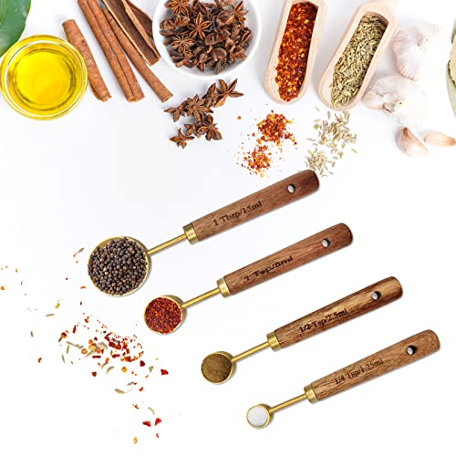 Gold Measuring Cups and Spoons Set with Fragrant Wood Handle, Measuring Cups, Metal Measuring Spoons and Measuring Cup Set for Cooking & Baking, Set of 8 pcs - color: Gold/Wooden Handle