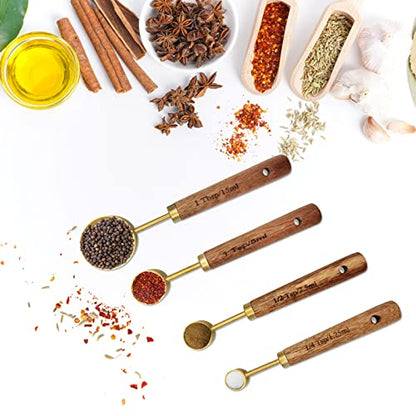 Gold Measuring Cups and Spoons Set with Fragrant Wood Handle, Measuring Cups, Metal Measuring Spoons and Measuring Cup Set for Cooking & Baking, Set of 8 pcs - color: Gold/Wooden Handle