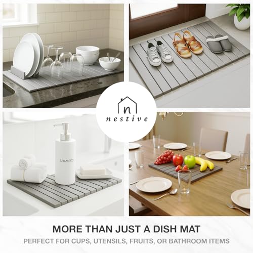 Large Stone Drying Mat for Kitchen Counter | 24"x16" | Fast Drying Collapsible Diatomaceous-Earth Mat | Super Absorbent Folding Mat for Dishes, Bottles, Glass, Heat-Resistant, Non-Slip (Light Gray) - color: Light Gray