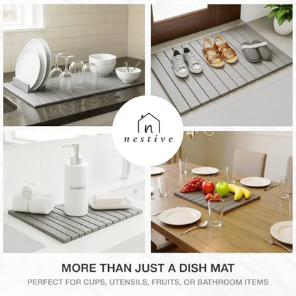 Large Stone Drying Mat for Kitchen Counter | 24"x16" | Fast Drying Collapsible Diatomaceous-Earth Mat | Super Absorbent Folding Mat for Dishes, Bottles, Glass, Heat-Resistant, Non-Slip (Light Gray) - color: Light Gray