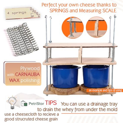 Wooden Cheese Press For Cheese Making Supplies 16 In Plywood 1/2 in Thick - Cheese Making Kit With Wooden Cheese Press and 2 Cheese Molds 1/2 Gal, Cheesecloth, Springs and Measuring Scale Included
