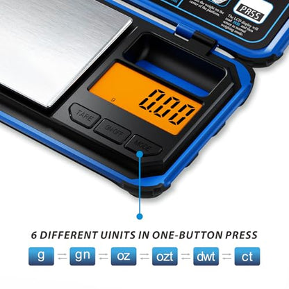 Precision Pocket Scale, 200gx0.01g Jewelry gram Scale, Digital Food Scale with LCD Display, one-Click Conversion 6 Units, Mini Scale for Kitchen/Powder/Coffee/Coins(Battery Included) - color: Blue