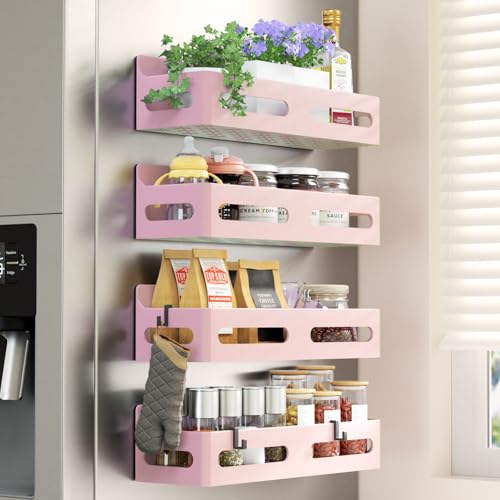 Sevenblue 4-Pack Magnetic Spice Rack for Refrigerator with Hooks, Pink | Strong multipurpose magnetic shelf for kitchen & bathroom organization. Includes 4 removable hooks for hanging items. - color: Pink, size: 4 Pack
