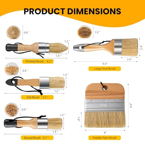5 Pack Natural Bristle Chalk Paint Wax Brush Set, Multi-Size Wooden Handle Chalk Paint Brushes for Furniture Refinishing, Waxing, Chalk Paint, Milk Paint, DIY Craft & Home Restoration - size: 1 Large, 3 Small, Paddle Brush