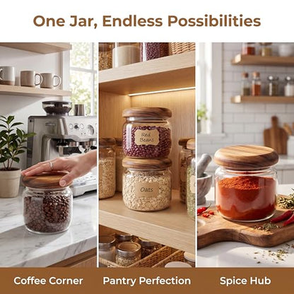 4-Pack 10 fl oz Wide Mouth Mason Jars with Spoon & Labels, Acacia Wood Lids, Press Seal, No Plastic, for Food, Snacks, Candy, Fruits, Coffee Beans, Spices & Dry Storage, Pantry Organizer.