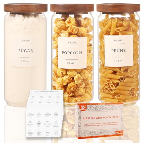 3 Pack Glass Canisters with Airtight Acacia Lids and 132 Kitchen Pantey Labels Preprint - 36 Fl OZ Borosilicate Glass Pantry Storage Jars Containers with Wooden Lids for Tea,Sugar,Cookie,Pasta,Candy - size: 36oz-3 Pack