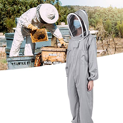 Grey One Piece Beekeeping Suit with Double Zippers Made of Polyester Cotton Blend Providing Full Body Protection with a 16.5in Hood L XL XXL for Both Professional Amateur B