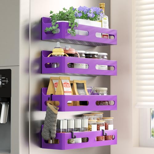 Sevenblue 4-Pack Magnetic Spice Rack for Refrigerator with Hooks, Purple | Strong multipurpose magnetic shelf for kitchen & bathroom organization. Includes 4 removable hooks for hanging items. - color: Purple, size: 4 Pack