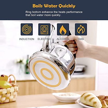 Tea Kettle Stovetop Whistling Teakettle ClassicTeapot Stainless Steel Tea Pots for Stove Top with Heat-resistant Folding Handle Mirror Finish, 2 liters | Premium Food Grade Stainless Steel Whistling Tea Kettle with Heat-Resistant Folding Handle for Fast B