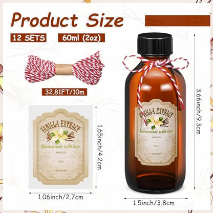 Uiifan 12 Pack Amber Glass Bottle Boston Round Bottles with Caps Refillable Vanilla Extract Jars Gift for Homemade Vanilla Extract Making, Brewing, Kombucha, Oil & Long-term Liquid Storage(2 oz) - size: 2 Ounces