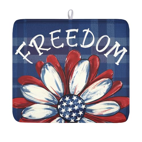 4th of July Dish Drying Mat 18x16 Inch, Patriotic Drying Mat with Absorbent Reversible Microfiber, Independence Day Dish Drainer Mats Memorial Day Rack Pad for Coffee Countertop Kitchen Protector - color: Patriotic Floral Navy Blue Red, size: 18" x 16"