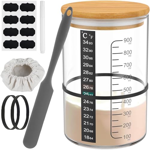 30oz/900ml Wide Mouth Glass Sourdough Starter Jar Kit, Fermentation Container with Lid Spatula Temp Strip & Marking Tape, Complete Bread Baking Supply Set