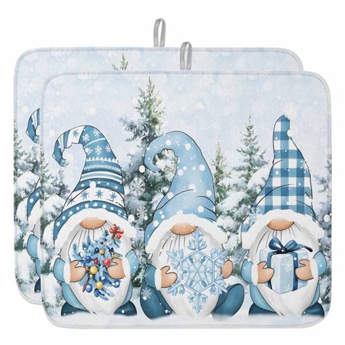 Blue Gnomes Christmas Dish Drying Mat for Kitchen Counter, Microfiber Dishes Drainer Mat Rack Pad, Xmas Tree Snowflake Gifts Absorbent Dish Bottle Drying Mats, 16''x18'', 2 Pack - size: 2PCS-16x18in