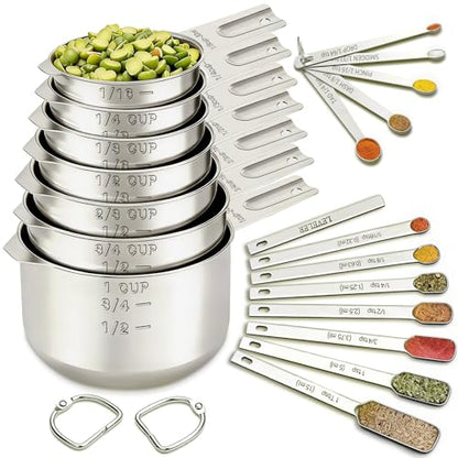 EWFEN Measuring Cups and Spoons Set, 7 Stainless Steel Nesting Measuring Cups & 7 Spoons, 5 Mini Measuring Spoons &1 Leveler, Kitchen Gadgets for Cooking & Baking, Square - color: Square Spoons