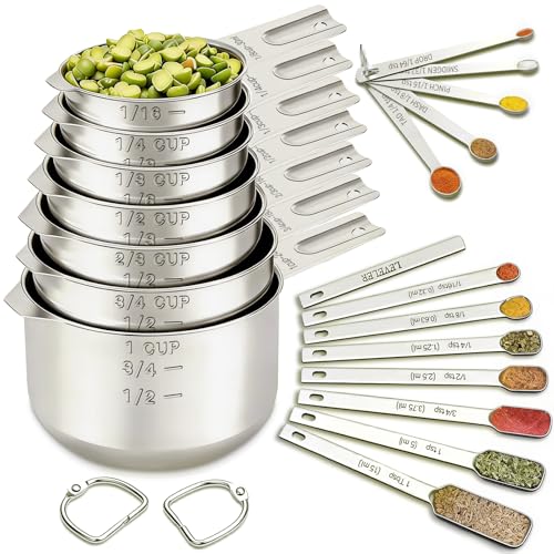 EWFEN Measuring Cups and Spoons Set, 7 Stainless Steel Nesting Measuring Cups & 7 Spoons, 5 Mini Measuring Spoons &1 Leveler, Kitchen Gadgets for Cooking & Baking, Square - color: Square Spoons