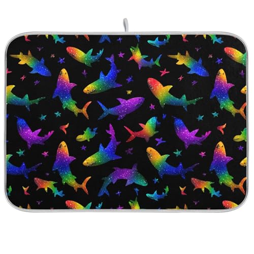 Dish Drying Mat for Kitchen Counter Rainbow Gradient Shark Absorbent Drying Dish Mat 16×18 inch Dish Rack Pad Coffee Mat for Sink Dishes Under Rack - color: multicolored.17, size: 16x18in