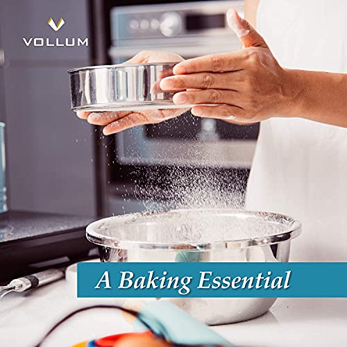 Vollum Stainless Steel Flour Sifter Fine Mesh Round Flour Sieve for Baking 12" Diameter x 2.5" High; 20 Mesh (Hole Size 0.85mm) - size: 12" Dia. x 2.5" High