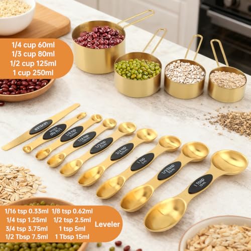 Gold Measuring Cups and Spoons, 13 Piece Stainless Steel | Double-sided design with engraved sizes, narrow end for spice jars, plus leveler for dry ingredients