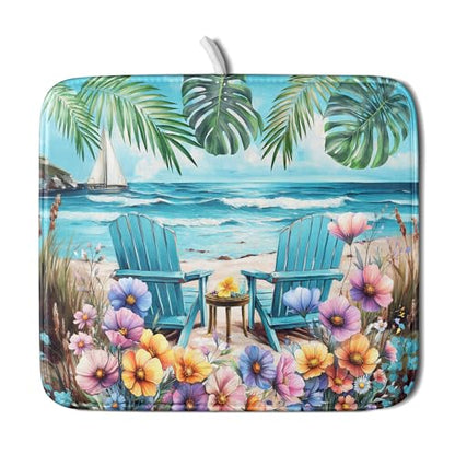 Spring Summer Sea Chair Dish Drying Mat for Kitchen Counter,Coastal Beach Palm Leaf Flowers Drying Mat 16 x 18 Inch with Absorbent Reversible Microfiber Drying Pad for Coffee Bar - size: 16" x 18"