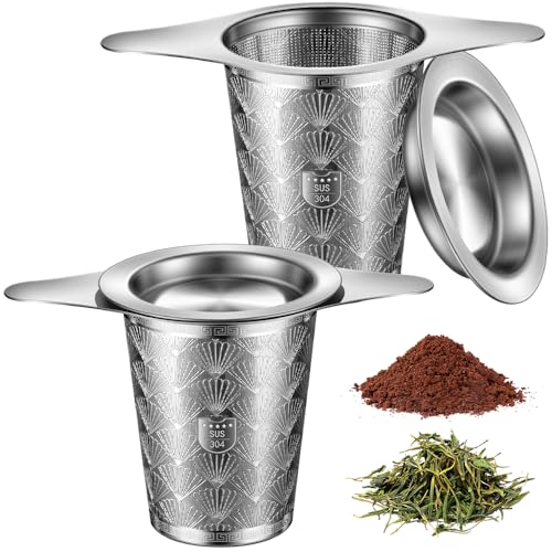2Pack Extra Fine 18/8 Stainless Steel Tea Infuser BOMANSI BOMS Tea Strainer with Large Capacity & Perfect Size Double Handles for Hanging on Teapots, Mugs, Cups to Steep Loose Leaf Tea and Coffee - style: Fan Design