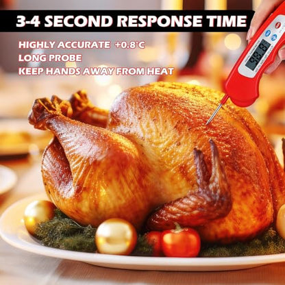 Xuhal 12 Pcs Digital Meat Thermometer with Probe Waterproof Instant Read Foldable Food Thermometer with Magnet for Kitchen Grilling Cooking Turkey Baking BBQ(Red) - color: Red