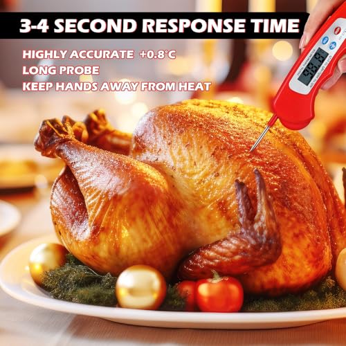 Xuhal 12 Pcs Digital Meat Thermometer with Probe Waterproof Instant Read Foldable Food Thermometer with Magnet for Kitchen Grilling Cooking Turkey Baking BBQ(Red) - color: Red