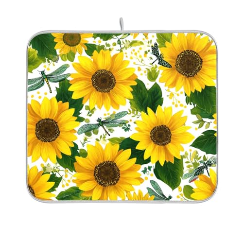 Yellow Sunflowers and Dragonflies Dish Drying Mat for Kitchen Counter Drainer Rack Mats for Dishes Washable Absorbent Draining Heat Resistant Pad for Countertop 16 x 18 - color: Cute Yellow Sunflowers and Dragonflies, size: 16'' x 18''