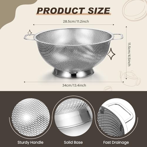 Norme 5 Quart Stainless Steel Silver Colander and 3 Pcs Silver Fine Mesh Strainer, Stainless Steel Pasta Rice Food Metal Strainer with Handles, Easy Clean and Dishwasher Safe - color: Silver, size: 5 Quart