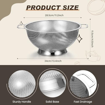 Norme 5 Quart Stainless Steel Silver Colander and 3 Pcs Silver Fine Mesh Strainer, Stainless Steel Pasta Rice Food Metal Strainer with Handles, Easy Clean and Dishwasher Safe - color: Silver, size: 5 Quart