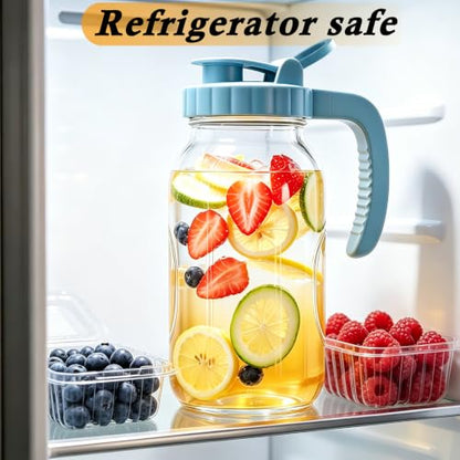 Mason Jar Pitcher 64 Oz With Pour Spout Lid Wide Mouth Glass Water Pitcher | Airtight & Leakproof Water Jug With Ergonomic Handle And Flip Cap Lid For Iced Tea Cold Brew Coffee Juice Lemonade Beverages - color: 64 OZ