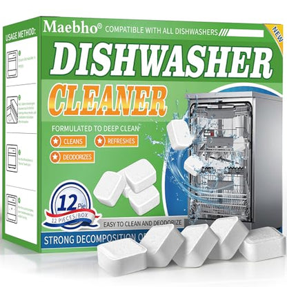 Dishwasher Cleaner and Deodorizer Tablets-12 Pack, Heavy Duty Deep Cleaning Descaler Pods for Dish Washer Machine, Removes Limescale, Odor, Grease, and Hard Water Stains, Septic Safe