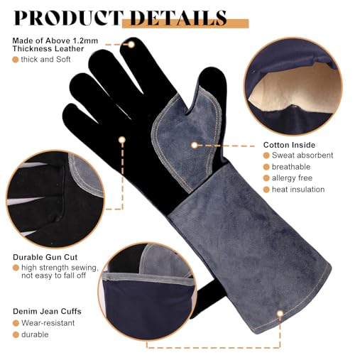 Leather Welding Gloves, 16inch 932℉ Heat/Fire Resistant, Wood Stove Gloves, Large Mitts for BBQ,Grill,Tig/Mig (Grey, M) - color: Crey, size: Medium