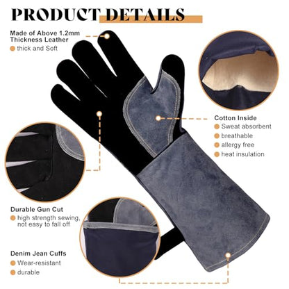 Leather Welding Gloves, 16inch 932℉ Heat/Fire Resistant, Wood Stove Gloves, Large Mitts for BBQ,Grill,Tig/Mig (Grey, M) - color: Crey, size: Medium