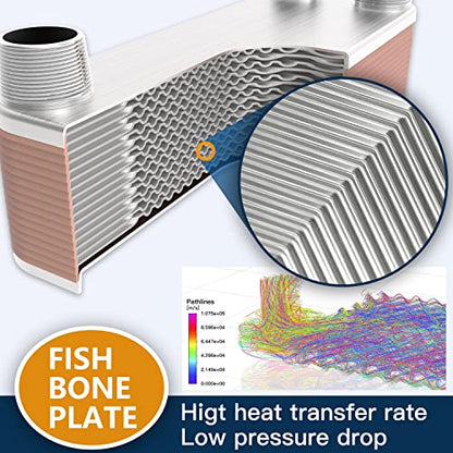 3"x8" 10 Plates Heat Exchanger with 3/4" MPT Port Water to Water 316L Stainless Steel Brazed Plate Heat Exchanger for Water Heating, Floor Heating, Commercial and Industrial Refrigeration - size: 3"X8"-10P