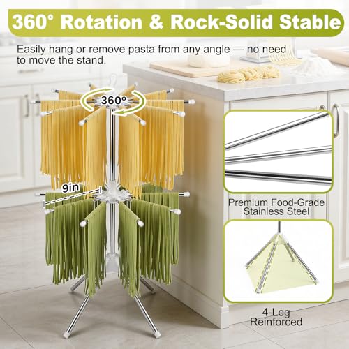 Pasta Drying Rack, 20-Rod Double Layer Large Capacity Pasta Dryer, 304 Stainless Steel 360° Rotating Foldable Noodle Stand for Homemade Spaghetti, Fettuccine, Family Pasta Night