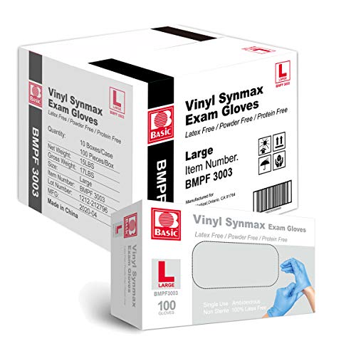 Basic Medical Synmax Vinyl Exam Gloves - Latex-Free & Powder-Free - Large (Case of 1,000) Blue and Medium (Case of 1,000) Blue