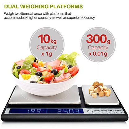Smart Weigh Dual Platform Digital Kitchen Scale Stainless Steel Culinary Kitchen Scale 10 kilograms x 0.01 Grams High Precision Digital Food Scale Tare Function LCD w/Backlit for Baking Cooking Food