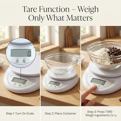 Digital Kitchen Scale – Food Scale for Cooking & Baking (5 kg/11 lb) – High-Precision Weight Scale in Grams Oz Lb – Stainless Platform with LCD Display & Tare Function – Batteries Included