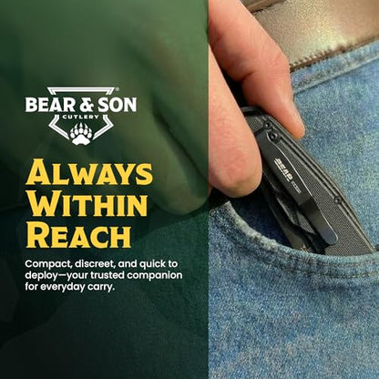 BEAR & SON - Manual Drop Point Folding Knife - 2 7/8" 440 Stainless Steel Blade with G10 Handle & Ball Bearing Washers - Men'sTactical EDC Pocket Knife - Sharp Utility Hunting Camping Gear - Serrated