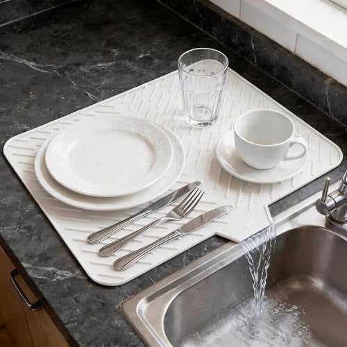 Silicone Dish Drying Mat 23x17,Food-Grade Silicone,Easy Clean Pad for Countertop Protection,Heat Resistant,Easy Clean,Non-Slip Drain Pad with Built-in Drain,Multi-Functional Use,White - color: White, size: 23" x 17"