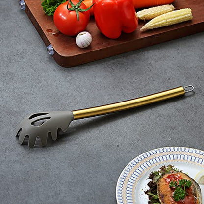 Gold Spaghetti Spoon, Berglander Non-stick Silicone Pasta Server With Titanium Gold Plating Handle, Spaghetti Server For Cooking, Pasta Fork, Noddle Fork, Dishwasher Safe, Easy to Clean - style: k Pasta Server
