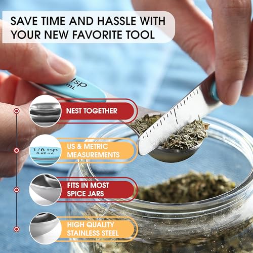 Spring Chef Stainless Steel Magnetic Measuring Spoons Set of 8 with Leveler, Metal Teaspoon & Tablespoon Measuring Spoons with Strong Magnets, Kitchen Gadgets for Baking & Cooking - 2 Pack - Aqua Sky - color: Blue (Aqua Sky), size: 2-Pack