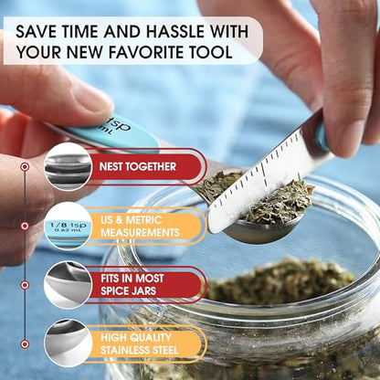 Spring Chef Stainless Steel Magnetic Measuring Spoons Set of 8 with Leveler, Metal Teaspoon & Tablespoon Measuring Spoons with Strong Magnets, Kitchen Gadgets for Baking & Cooking - 2 Pack - Aqua Sky - color: Blue (Aqua Sky), size: 2-Pack