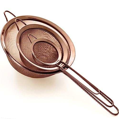 Strainer Set Fine Mesh – Premium 304 Stainless Steel (18/8) – 8″, 5.5″ and 3.3″ Sturdy Kitchen Strainers (Copper) - color: Copper Rose