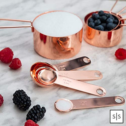 Copper Measuring Cups and Spoons Set – 8-Piece Stackable Stainless Steel Metal Measuring Utensils – Stylish and Sturdy Rose Gold Kitchen Accessories for Baking and Cooking - color: Copper