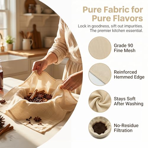 Grade 90 Cheese Cloth for Straining & Cooking,40x40 Inch,Hemmed Edges,100% Unbleached Cotton for Basting Turkey, Canning, Straining, Cheesemaking
